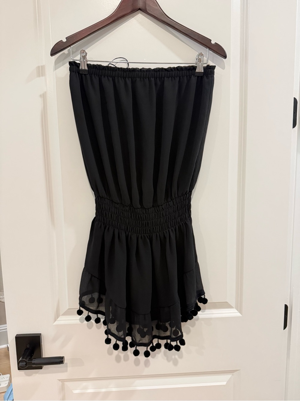 Ramy Brook Black Strapless mini dress with Pom Trim